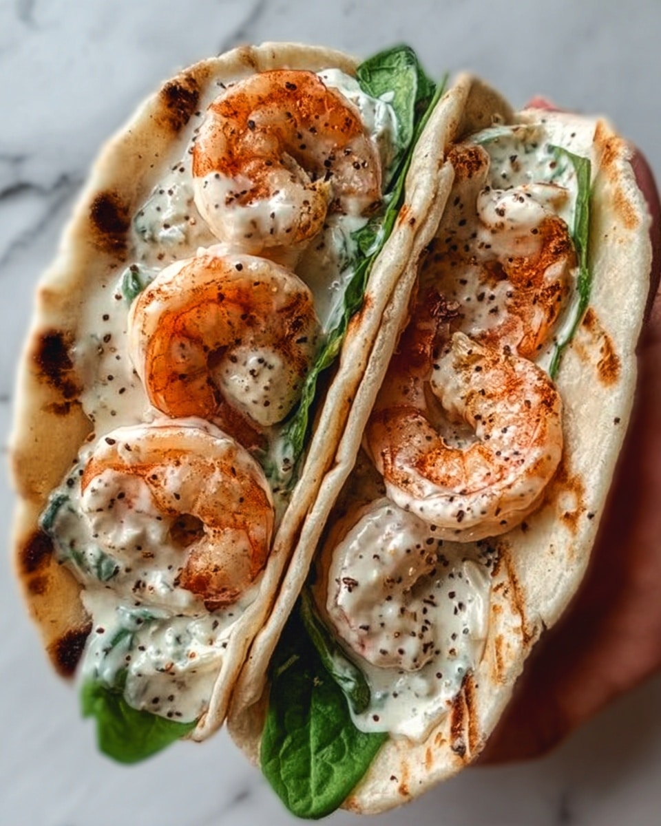 The image shows two flatbreads folded in half, placed side by side on a white marbled surface. Each flatbread has three cooked shrimp arranged in a line on a bed of creamy white sauce with black pepper specks. Beneath the shrimp and sauce, there are a few fresh green leaves adding color contrast. The flatbreads have a light golden-brown color with some darker grilled spots. A woman’s hand is holding one flatbread from the left side, slightly lifting it up. Photo taken with an iphone --ar 4:5 --v 7