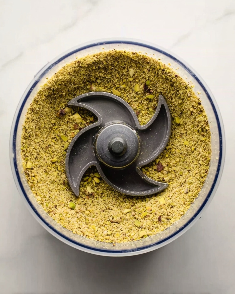 The image shows a close top view of a white blender container on a white marbled surface. Inside the container, there is a layer of ground pistachios, light green with some yellow-brown bits, covering the bottom evenly. In the center, a sharp, dark gray metal blade with three curved edges rises above the nut layer, casting a slight shadow. The container's rim is smooth and clear with a slight hint of dark blue around the edge. photo taken with an iphone --ar 4:5 --v 7
