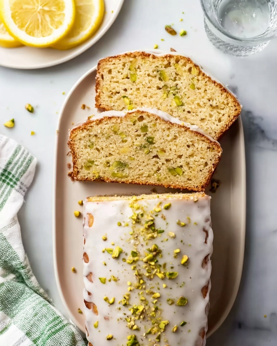 A white plate with three slices of lemon pistachio loaf cake arranged neatly; the top two slices show a soft crumb texture with visible green pistachio pieces mixed inside, while the bottom chunk is a larger loaf covered with a shiny white glaze dripping slightly over the sides, sprinkled with crushed pistachio nuts on top, all placed on a white marbled surface. To the upper left, a small white plate holds two lemon wedges, and a glass of water is seen in the upper right corner. A white cloth with green checkered lines is placed on the right side close to the plate. photo taken with an iphone --ar 4:5 --v 7
