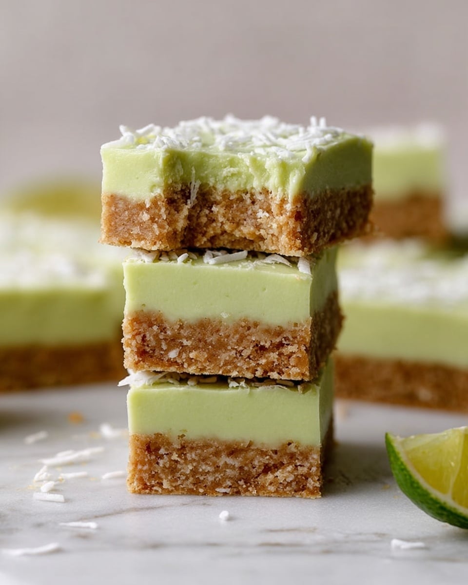 The image shows a close-up of a stack of three square dessert bars on a white marbled surface. Each bar has two layers: a bottom layer of light brown, crumbly, and textured cake-like base with small visible bits inside, and a top layer of smooth, pale green creamy frosting that is thick and evenly spread. The top bar has a bite taken out of one side, showing the inside texture of both layers. In the background, blurred bars are visible with white sprinkle-like bits on top, and a sliced lime rests on the white marbled surface nearby. Photo taken with an iphone --ar 4:5 --v 7