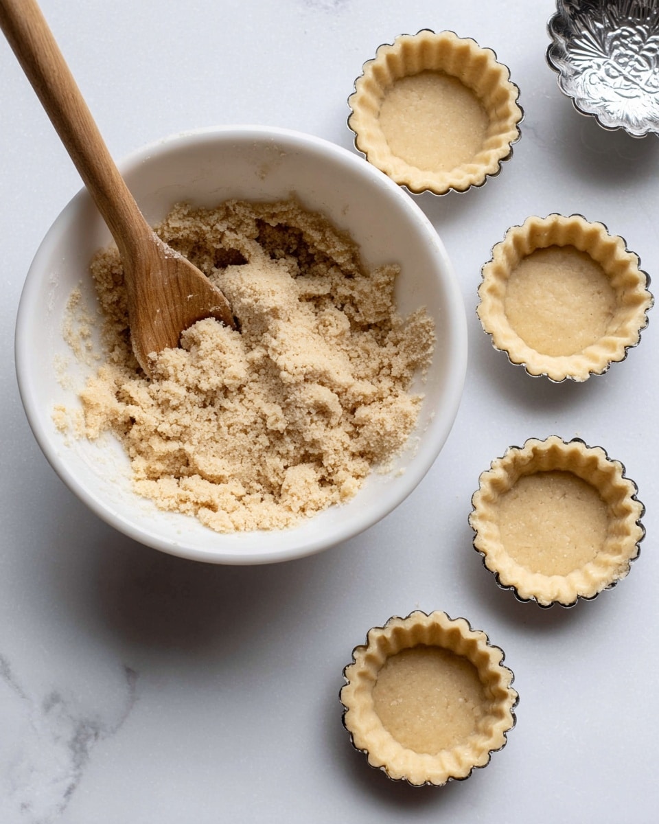 There is a white mixing bowl filled with light beige crumbly dough, and a wooden spoon resting inside it. Next to the bowl, on a white marbled surface, are five small tart crusts shaped like scalloped cups, all with a smooth, slightly uneven beige surface. A small decorative silver bowl is also partially visible in the top right corner. The scene is bright and clean, focused on the dough and tart shells. photo taken with an iphone --ar 4:5 --v 7