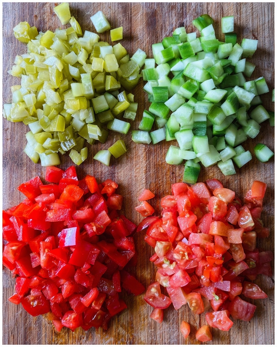 The image shows four sections of small, diced vegetables on a wooden board. The top left section has light green-yellow pickles diced into small cubes with a slightly shiny texture. The top right section contains bright green cucumber pieces with light green insides, also cut into small cubes. The bottom left section features bright red bell pepper pieces, diced evenly and shiny. The bottom right section shows diced tomatoes in various shades of red with a moist texture. All are spread out flat on the wooden board, with clear separation between each vegetable. photo taken with an iphone --ar 4:5 --v 7