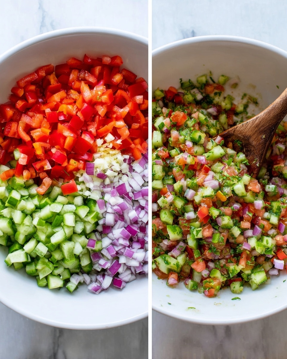 The image shows two white bowls placed on a white marbled surface, each filled with finely chopped vegetables. The bowl on the left has separate piles of diced red bell pepper, tomatoes, green bell pepper, cucumber, red onion, garlic, and green herbs layered distinctly in the center. The bowl on the right shows the same mixture fully combined into a colorful, evenly mixed salad with a wooden spoon resting inside the bowl, showing all the small diced pieces of green cucumber, red bell pepper, tomato, green herbs, and bits of red onion. The colors are bright and fresh with a mix of reds, greens, and purples, and the texture is crisp and chopped small. photo taken with an iphone --ar 4:5 --v 7