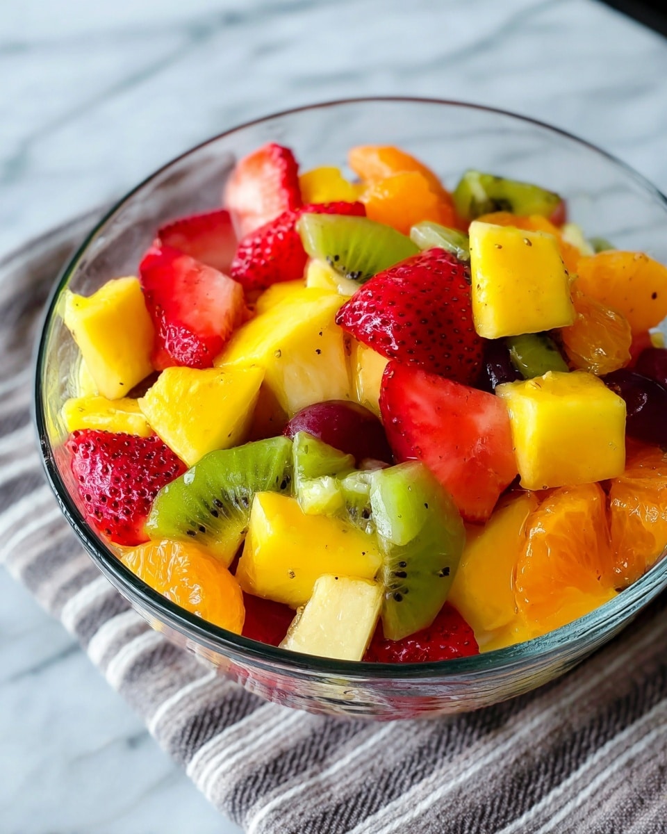 A clear glass bowl filled with a colorful fruit salad that has many layers of different fruits: bright red strawberry pieces, yellow mango cubes, green kiwi slices with tiny black seeds, orange mandarin segments, light yellow pineapple chunks, dark red grape halves, and small red raspberry pieces. The fruits are mixed together, showing different shapes and textures, shiny and fresh. The bowl is placed on a white marbled surface with a striped cloth underneath. Photo taken with an iphone --ar 4:5 --v 7