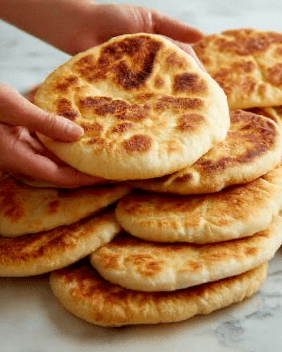 The image shows a stack of round, golden-brown flatbreads on a white marbled surface. The flatbreads have a soft, slightly puffy texture with some darker toasted spots on top. A woman's hand is gently lifting one flatbread from the pile, showing its thickness and soft inside. The flatbreads are arranged closely together, creating a warm and fresh look. Photo taken with an iphone --ar 4:5 --v 7
