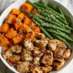 Honey Garlic Chicken with Roasted Sweet Potatoes and Green Beans Recipe