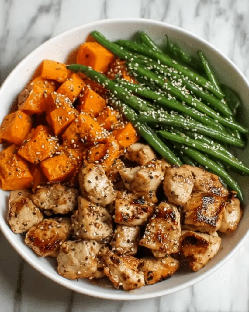 Honey Garlic Chicken with Roasted Sweet Potatoes and Green Beans Recipe