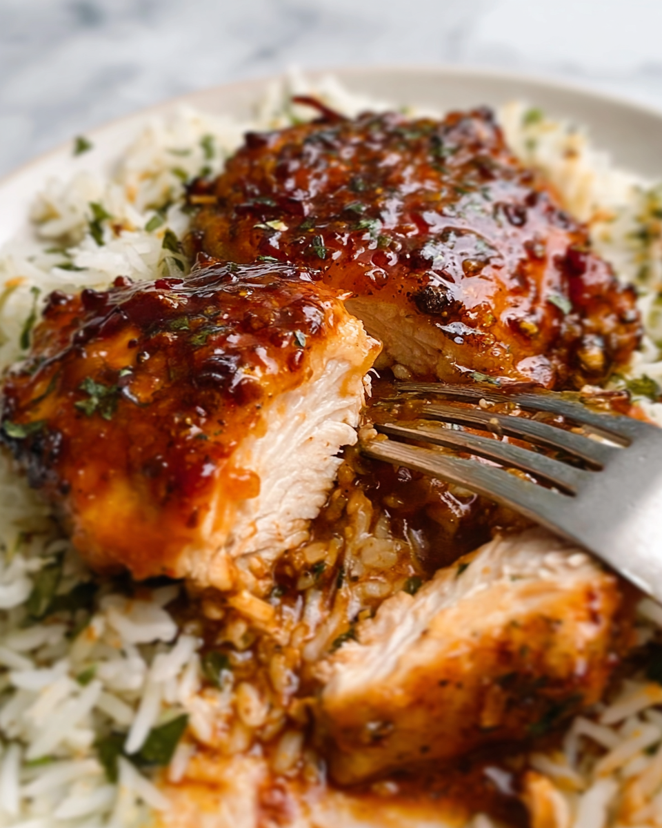 The image shows a close-up of a cooked chicken thigh piece placed on top of white rice mixed with herbs. The chicken skin is golden brown with a shiny, slightly sticky texture and is covered in a rich, dark brown sauce with visible bits of herbs. A silver fork, held by a woman's hand, is piercing through a sliced section of the chicken, revealing the white, juicy meat inside. The background is a white marbled surface. Photo taken with an iphone --ar 4:5 --v 7