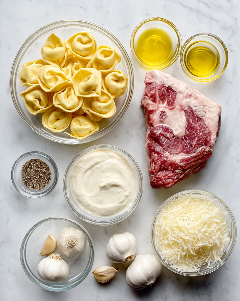 A white marbled surface with various cooking ingredients laid out in a flat arrangement: two glass bowls with yellow tortellini and cream-colored tortellini placed diagonally, a large raw piece of red marbled meat with white fat near the top right, a small clear dish of golden olive oil near the top left center, a glass bowl of grated white cheese on the right, a small glass dish with black pepper near the bottom left, a bowl of white cream sauce in the center, two white garlic bulbs and two small white garlic cloves near the bottom, all evenly spaced and clearly visible, photo taken with an iphone --ar 4:5 --v 7