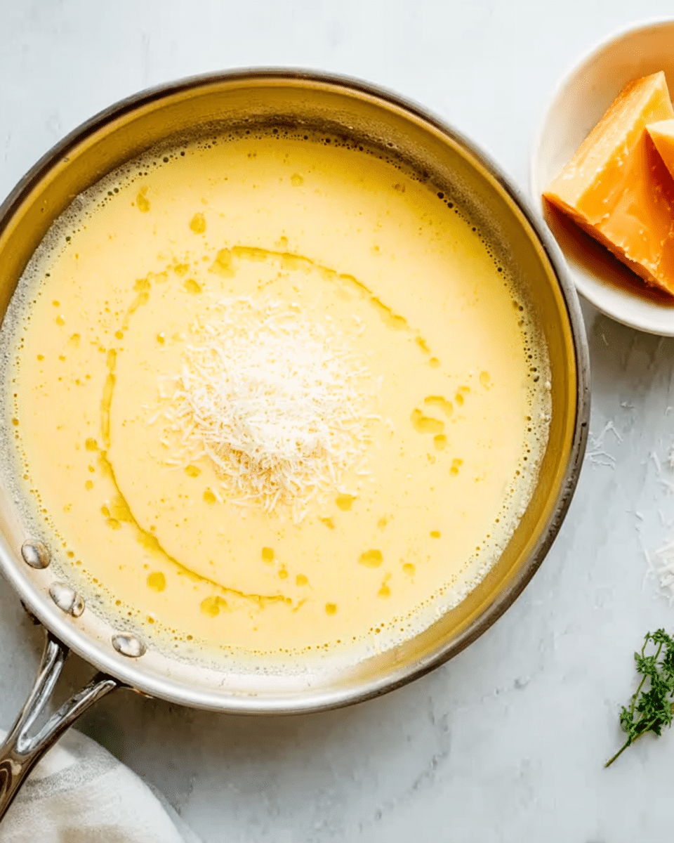 A creamy yellow sauce with a smooth texture fills a silver pan, showing small pools of oil or melted butter around the edges and a light dusting of grated cheese on top in the center. The pan is placed on a white marbled surface. To the right, there is a white bowl holding two triangular pieces of light orange cheese, one resting on the other. A small sprig of green herb peeks into the bottom right corner of the image. Photo taken with an iphone --ar 4:5 --v 7