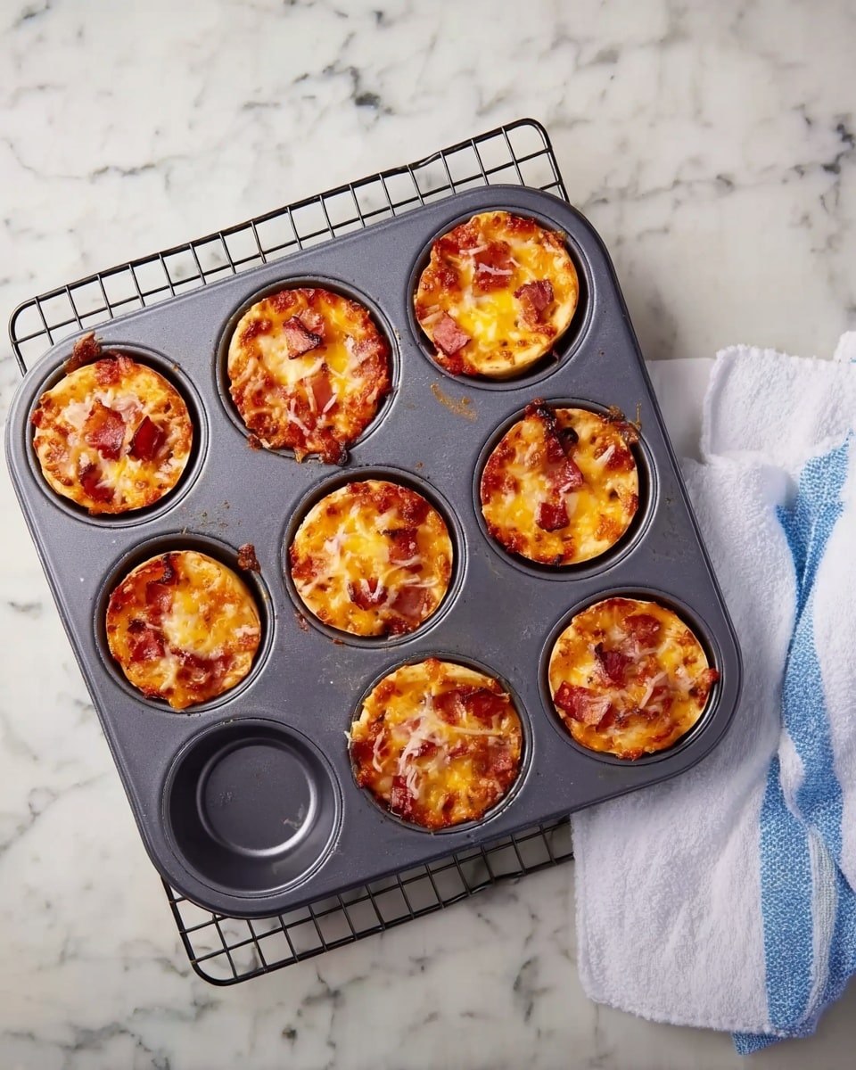 The image shows eight small pizzas in a dark gray muffin tray resting on a wire rack, all placed on a white marbled surface. Each mini pizza has a visible base layer of golden-brown crust, topped with melted yellow cheese covering the surface, and bits of reddish-brown toppings like pepperoni or ham. The pizzas are arranged in individual round cups of the tray with four empty cups. To the right of the tray, there is a white cloth with blue stripes casually placed on the surface. photo taken with an iphone --ar 4:5 --v 7
