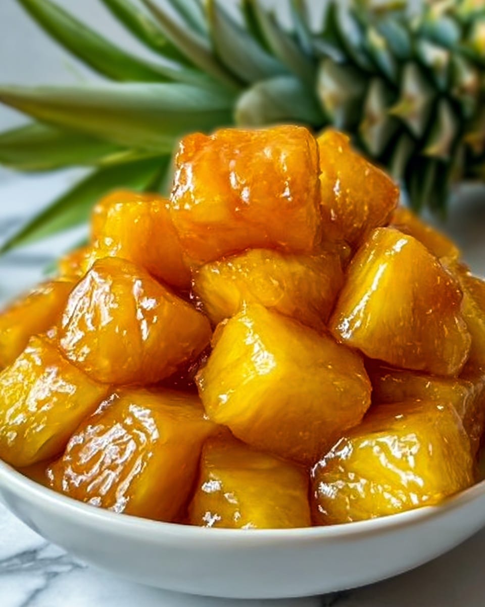 The image shows a close-up of shiny caramelized pineapple cubes stacked in a white bowl. Each cube is golden-yellow, glistening with a thick, syrupy glaze that looks smooth and sticky. The bowl is filled with many pineapple pieces, and in the background there are green pineapple leaves emerging from a white marbled surface. The texture of the pineapple looks soft yet firm, with the syrup reflecting light, giving the dish a rich and sweet appearance. Photo taken with an iphone --ar 4:5 --v 7