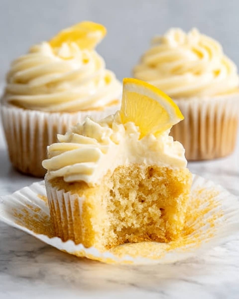 A close-up of a single cupcake with light yellow cake inside, showing a bite taken out of it. The cupcake has a white paper wrapper softly opened around it. On top, there is a thick swirl of creamy white frosting with soft ridges, and a small lemon slice placed on the frosting. In the background, two more cupcakes with similar frosting are slightly blurred. The whole scene is set on a white marbled surface with soft lighting. Photo taken with an iphone --ar 4:5 --v 7