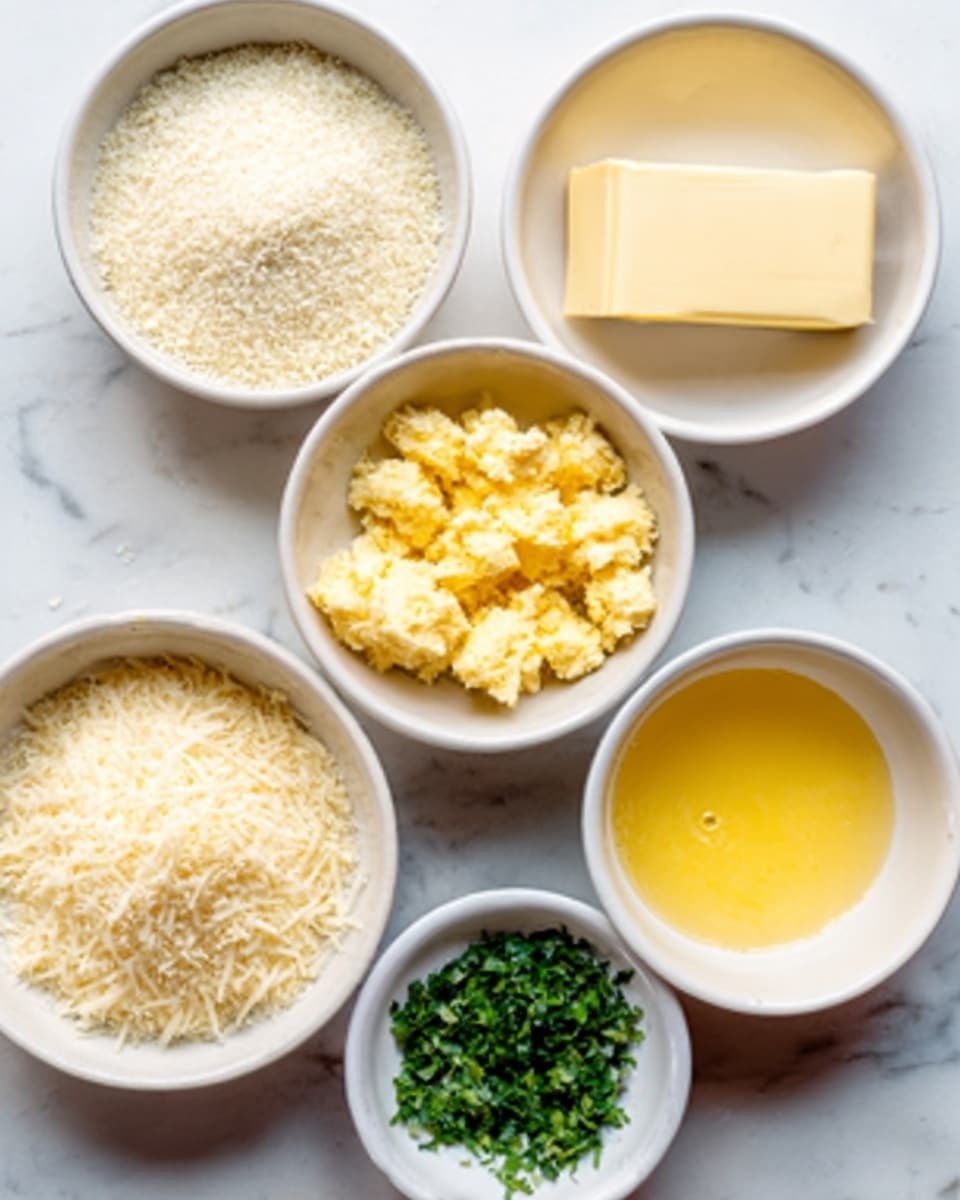 The image shows six white bowls placed on a white marbled surface. The top left bowl holds fine white breadcrumbs, the top right bowl has a rectangular piece of solid yellow butter, the middle left bowl contains small, crumbly yellow pieces of cheese, and the middle right bowl is filled with melted bright yellow butter. The bottom left bowl shows finely grated light beige cheese, while the small bowl at the bottom center has chopped fresh green herbs. The arrangement is neat and the lighting highlights the different textures and colors clearly. photo taken with an iphone --ar 4:5 --v 7