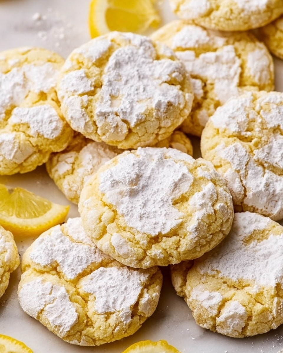The image shows three round yellow cookies with cracks on the surface, dusted with white powdered sugar. One cookie is broken into two pieces, revealing a soft and crumbly inside with a light yellow color. The cookies rest on a white marbled surface with some powdered sugar scattered around. The texture of the cookies appears slightly rough on the outside, with a soft and airy inside visible in the broken cookie. photo taken with an iphone --ar 4:5 --v 7