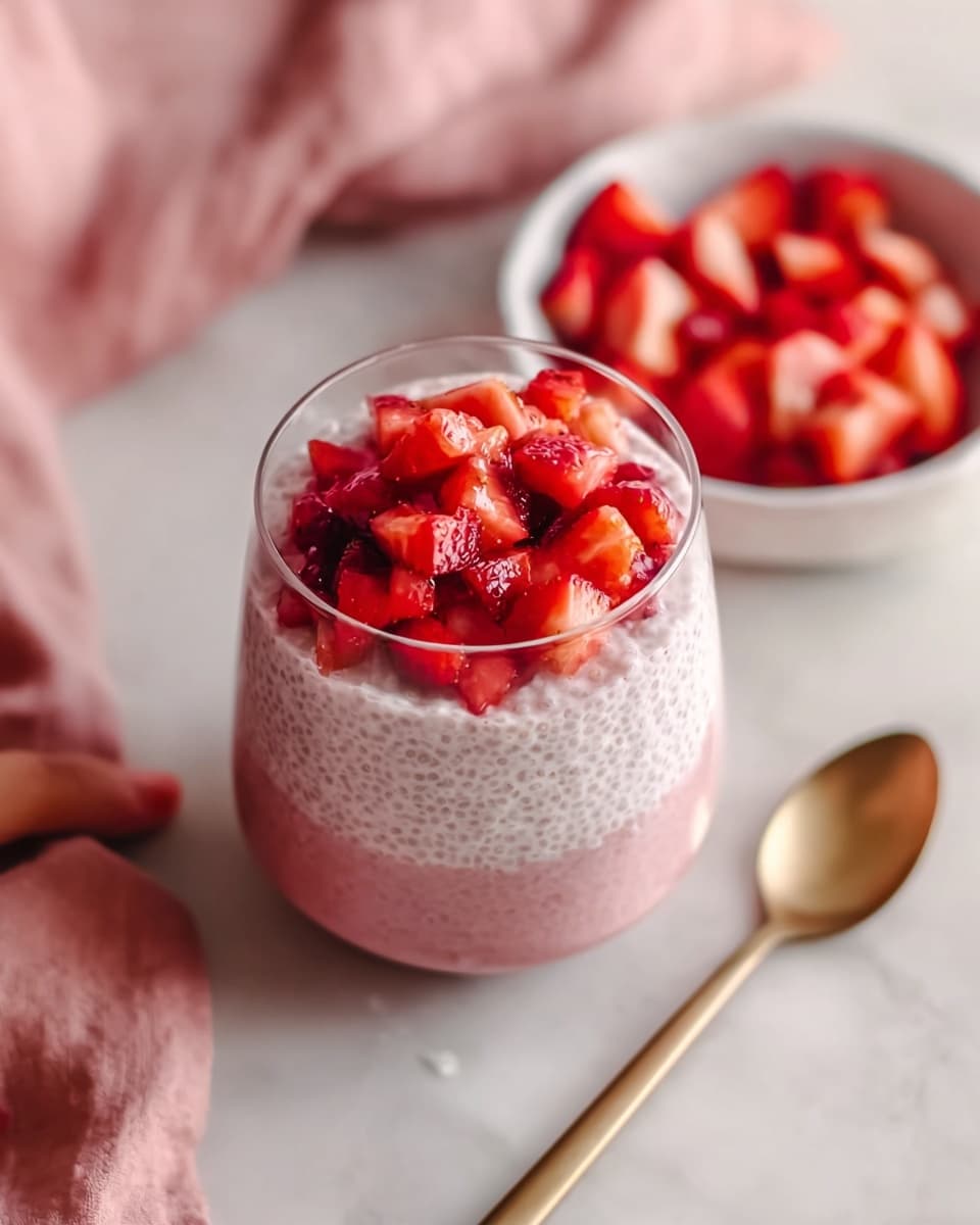 The image shows a clear glass filled with two layers: the bottom layer is a creamy light pink chia pudding with visible chia seeds, and the top layer is a small heap of bright red chopped strawberries. The glass sits on a white marbled surface, next to a white bowl also filled with chopped strawberries. A gold spoon lies beside the glass, and a soft pink cloth is partially visible in the background. A woman's hand is reaching toward the glass from the left side. Photo taken with an iphone --ar 4:5 --v 7