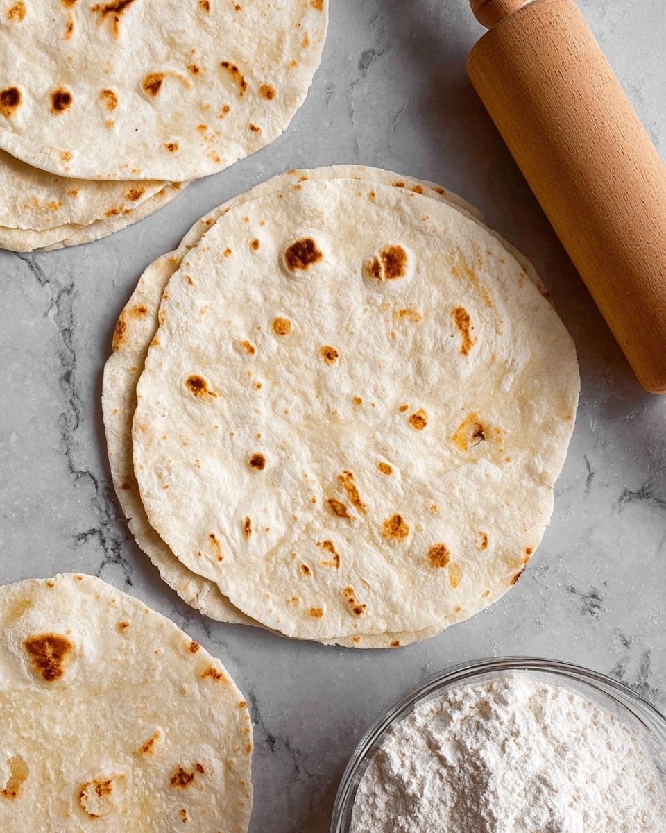 The image shows several flat, round tortillas with a light beige color and scattered brown spots indicating slight toasting. The tortillas have a soft, slightly puffy texture with uneven edges. They are placed on a surface with a white marbled texture along with a wooden rolling pin on the right side and a glass bowl filled with white flour in the bottom right corner. The scene is simple, focusing on the even, circular shape and the toasted patterns on the tortillas. Photo taken with an iphone --ar 4:5 --v 7