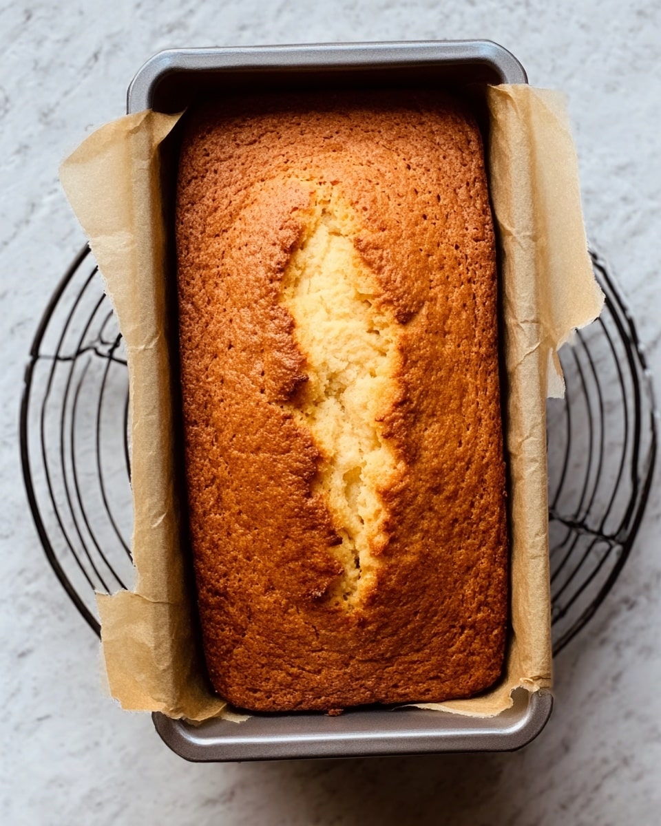 A golden brown loaf cake with a rough texture sits in a gray baking pan lined with parchment paper. The cake has a deep crack running down the center, revealing a lighter, cream-colored inside. The pan rests on a round black cooling rack, all placed on a white marbled surface. Photo taken with an iphone --ar 4:5 --v 7