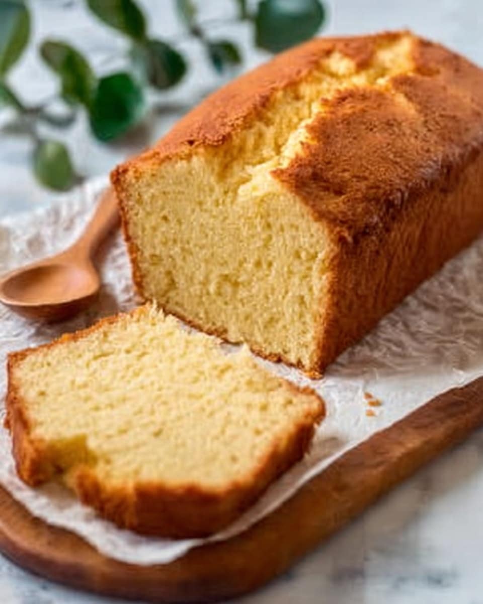 A loaf of golden brown cake sits on a wooden board covered with white parchment paper, with one thick slice cut and laying flat in front of the rest of the cake. The inside of the cake is light yellow with a soft and crumbly texture. To the side, there is a small wooden spoon. The background is a white marbled surface with a few green leaves blurred in the back. The photo taken with an iphone --ar 4:5 --v 7