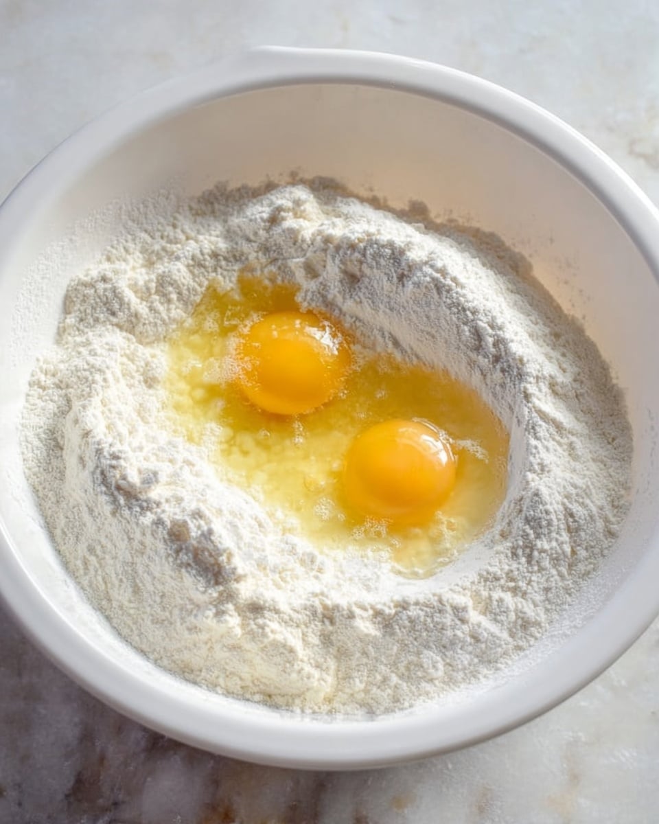 A large white bowl holds a mixture of white flour and two fresh eggs cracked on top. The flour is powdery and covers the bottom and sides of the bowl. The two eggs have bright yellow yolks sitting in the center with clear egg whites spreading on the flour surface. The bowl is placed on a white marbled countertop, adding a soft texture to the background. Photo taken with an iphone --ar 4:5 --v 7