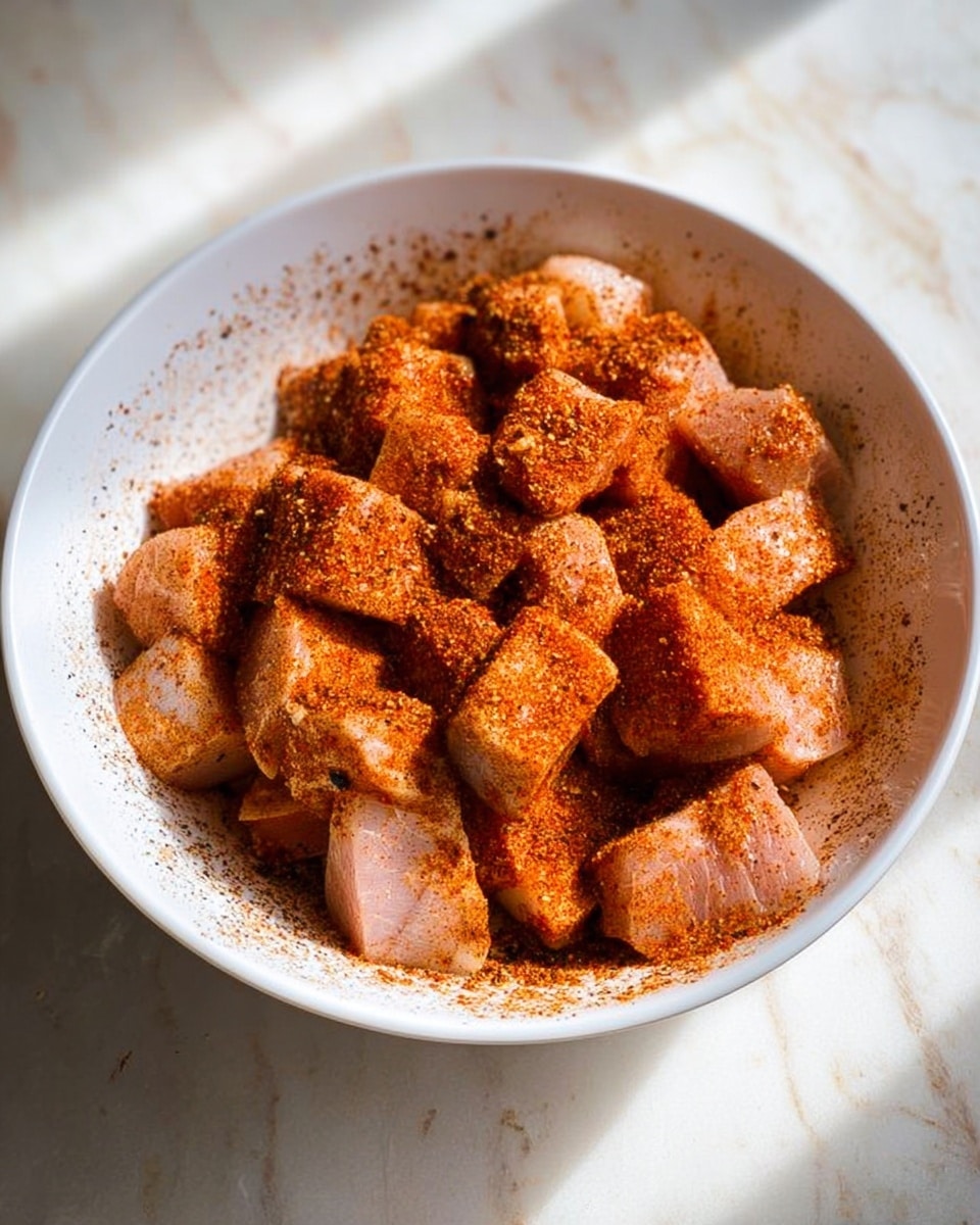 The image shows a white bowl filled with irregular chunks of raw, light pink meat. The pieces are coated with a generous layer of reddish-brown spice powder, giving the meat a textured and colorful surface. The spice is unevenly spread, with some areas showing a thicker dusting. The bowl sits on a white marbled surface with soft natural light casting gentle shadows around it. photo taken with an iphone --ar 4:5 --v 7