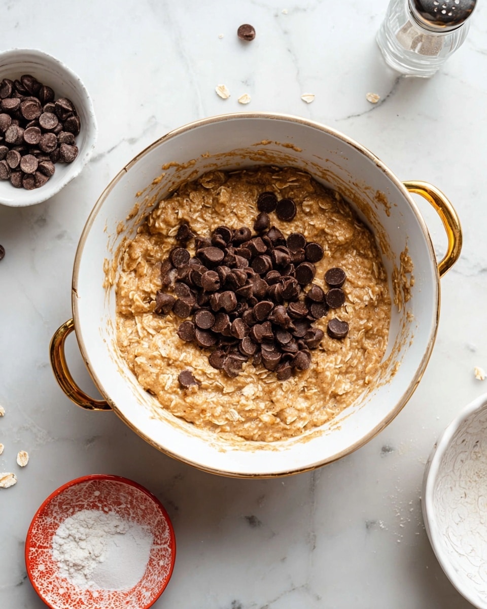 A white bowl with gold handles contains a thick, light brown batter mixed with oats, with dark brown chocolate chips piled on top in the center. Around the bowl on the white marbled surface are a small white bowl holding more chocolate chips, a red-edged small dish with white powder inside, and part of a translucent white bowl. A glass salt shaker is visible in the top right corner. The scene is lit softly from above, showing all items clearly. photo taken with an iphone --ar 4:5 --v 7