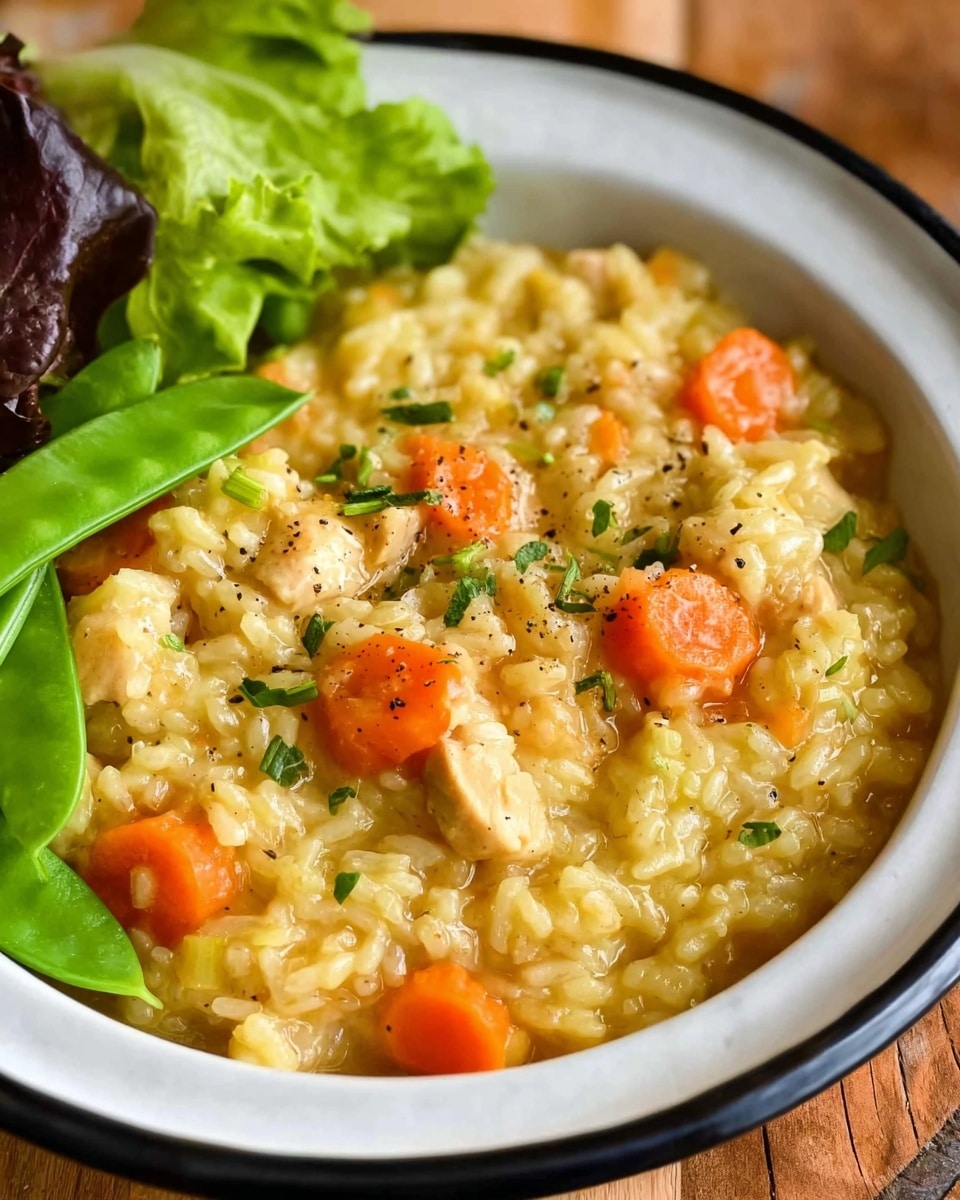A white bowl with a black rim is filled with a creamy risotto-like dish made of yellow rice mixed with small pieces of white chicken and bright orange carrot slices, all coated in a glossy sauce and sprinkled with black pepper and green herbs for garnish. The bowl sits on a wooden surface next to fresh green lettuce leaves and snap peas. The close-up shot highlights the texture of the soft rice and tender chicken chunks, with a white marbled background barely visible. photo taken with an iphone --ar 4:5 --v 7