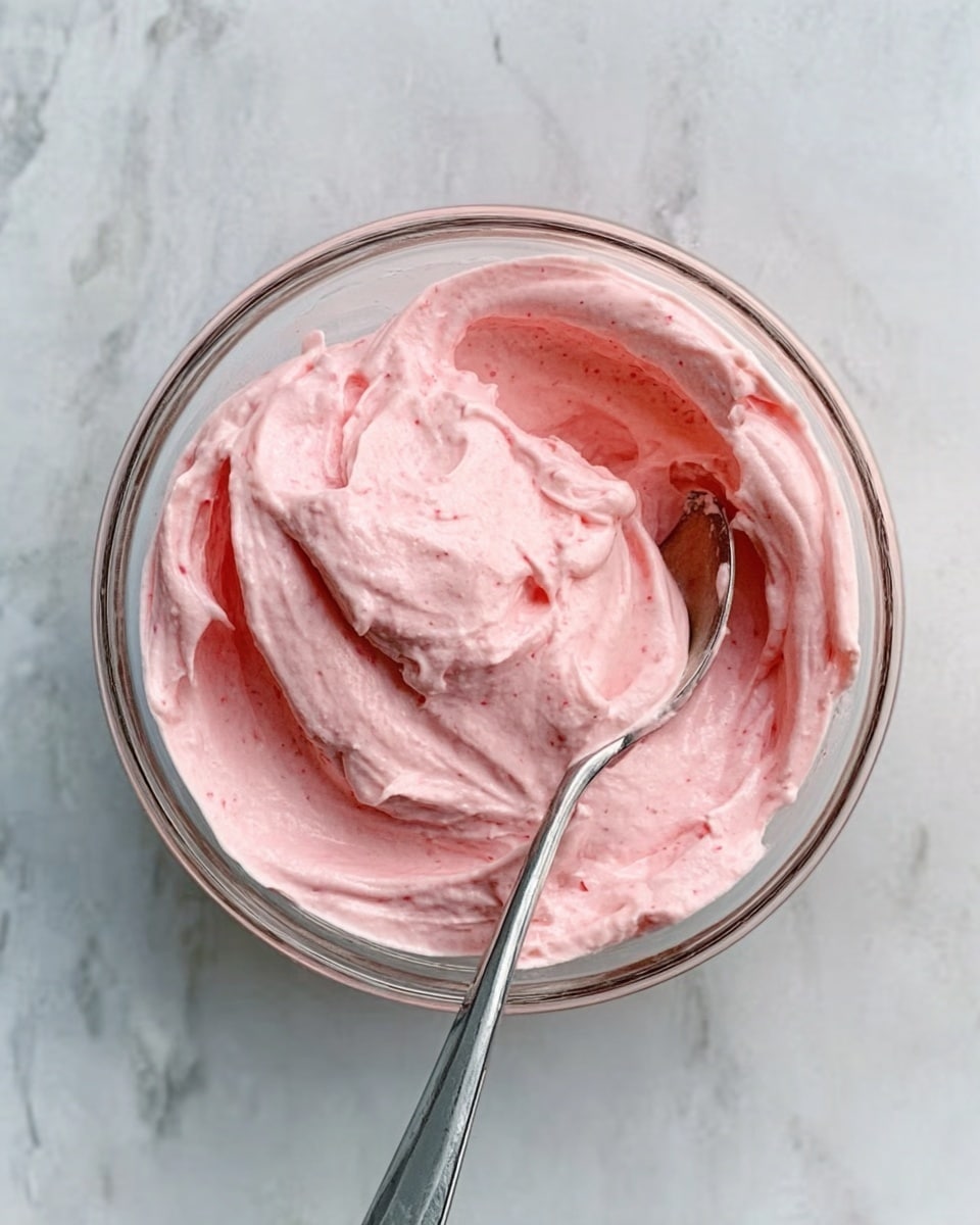 The image shows a clear glass bowl filled with smooth pink cream or mousse, with soft, swirled peaks and a slightly fluffy texture. A silver spoon rests inside the bowl, partly buried in the pink mixture. The bowl is placed on a white marbled surface with subtle gray veins. photo taken with an iphone --ar 4:5 --v 7
