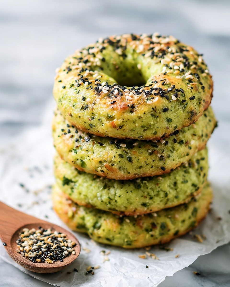 A stack of five round, green bagels with a hole in the center is shown on a piece of white parchment paper. Each bagel has a slightly rough texture with visible small green bits all over, likely herbs or vegetables mixed into the dough. The tops of the bagels are golden brown with a light crisp and are sprinkled with a mix of black and white sesame seeds and other small seeds. The stack of bagels sits on a surface with white marbled texture, and a wooden spoon filled with the same seed mix is positioned near the bottom left corner of the image. Photo taken with an iphone --ar 4:5 --v 7