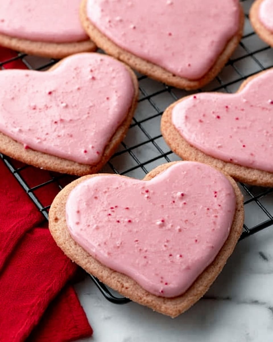 The image shows several heart-shaped cookies with a pink icing on top. The cookies have a light brown color with a soft texture, and the icing is smooth, evenly covering the top surface with small visible specks. They are arranged close to each other on a black cooling rack, which sits on a white marbled surface. A red cloth is placed near the cookies on the bottom left side. The photo is taken with an iphone --ar 4:5 --v 7
