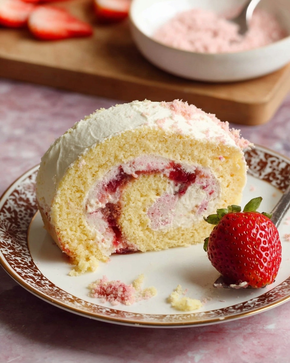 The image shows a slice of light yellow sponge cake roll with three layers: a thin red jam layer inside, a pink creamy layer just inside the jam, and a white creamy outer layer covering the whole roll. The roll has a bite taken out showing the soft and spongy texture. It sits on a white plate with a brown floral rim detail. Next to the cake slice is a whole red strawberry with a green stem. Some crumbs, mainly pinkish, are near the roll on the plate. Behind the plate, there is a white ceramic bowl with pink crumbs and a wooden board with a sliced strawberry on a white marbled surface. photo taken with an iphone --ar 4:5 --v 7