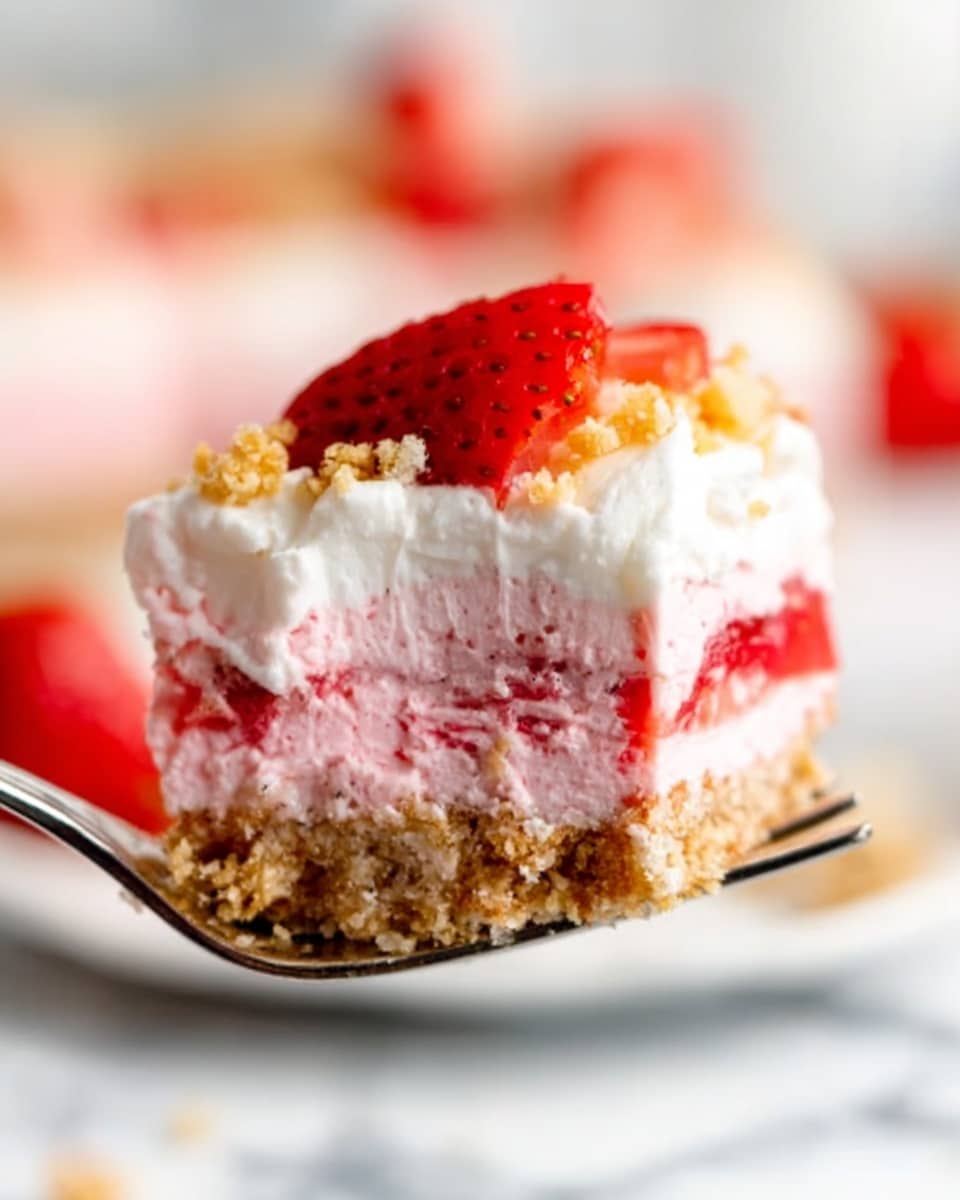 A close-up view of a fork holding a piece of a layered dessert. The bottom layer is a light brown crumbly crust, followed by a thick pink creamy layer. Above this is a fluffy white layer topped with a bright red strawberry piece and some small golden brown crumbs. The background is softly blurred with a white marbled surface visible. photo taken with an iphone --ar 4:5 --v 7