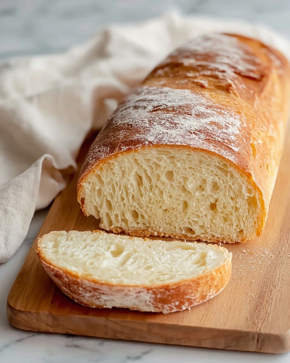 The image shows a loaf of sliced bread placed on a wooden board. The bread has a light golden brown crust with a rough texture, and the inside is soft and airy with uneven holes and a creamy white color. Three slices lie flat in the foreground, showing the inside texture clearly, while the rest of the loaf is in the background. A white cloth with dark stripes is partially visible next to the board. The board and bread sit on a white marbled surface photo taken with an iphone --ar 4:5 --v 7