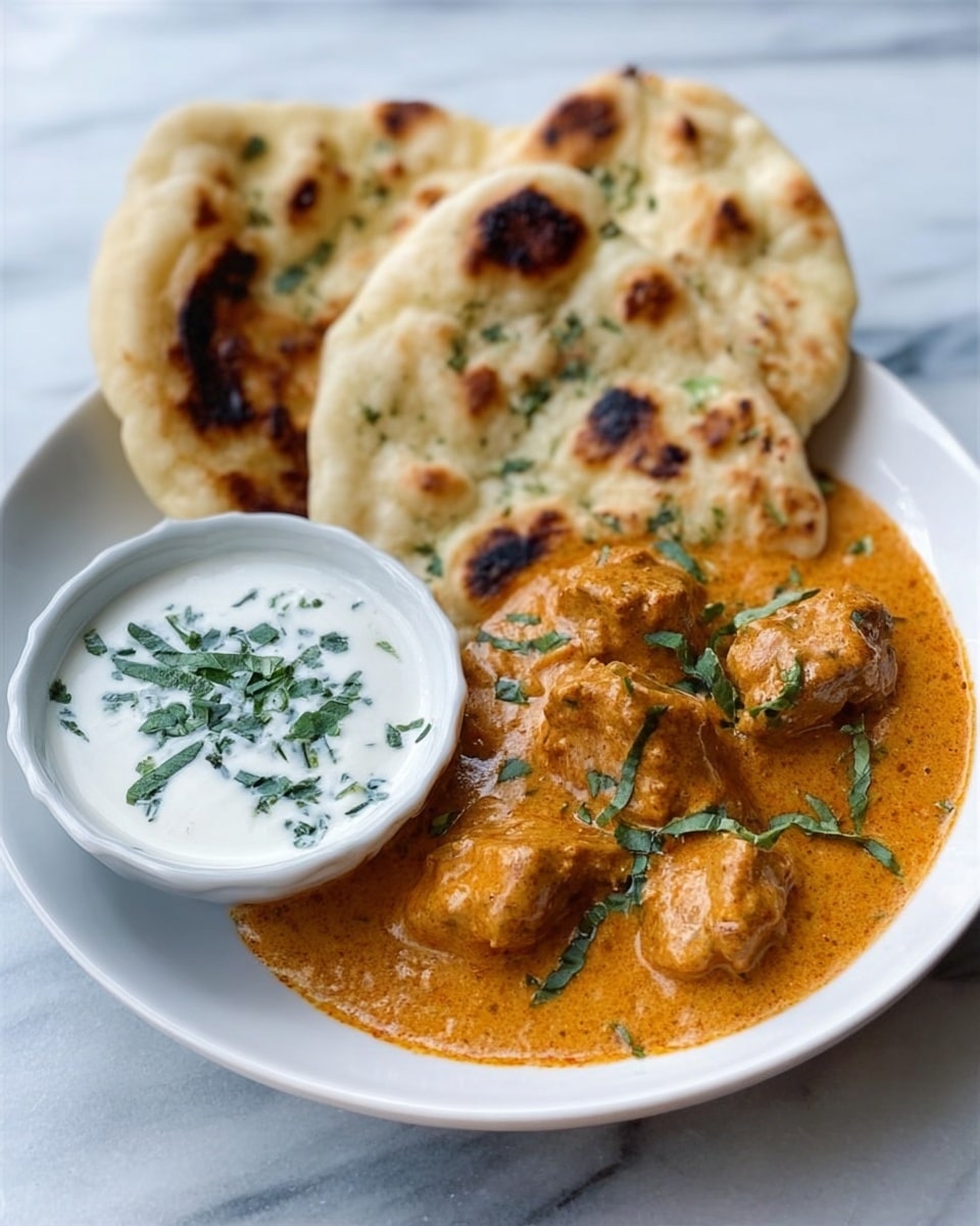 The image shows a white plate on a white marbled surface with two pieces of light golden-brown flatbread that have darker toasted spots. Next to the flatbread, there is a creamy orange curry with chunks of meat in it, garnished with small green leaves. On the side of the plate, there is a small white bowl filled with white sauce topped with tiny green herbs. The textures range from soft and fluffy flatbread to thick and smooth curry, with the sauce looking fresh and cool. photo taken with an iphone --ar 4:5 --v 7