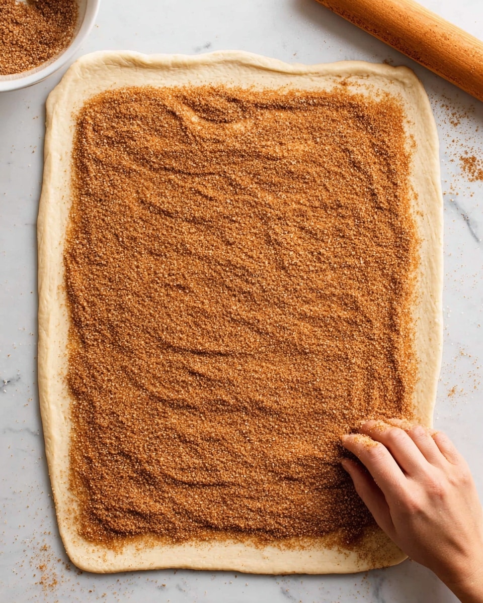 A large, rectangular piece of light beige dough is spread out on a white marbled surface, with a layer of light brown cinnamon sugar mixture evenly covering almost the entire top, except for a small border around the edges. A woman's hand is visible in the lower right corner, sprinkling a bit more of the cinnamon sugar mixture onto the dough. In the top right corner, part of a rolling pin is visible resting on the white marbled surface, and in the top left corner, there is a white bowl partially visible. The overall setting looks clean and bright, focusing on the dough and cinnamon sugar layer photo taken with an iphone --ar 4:5 --v 7