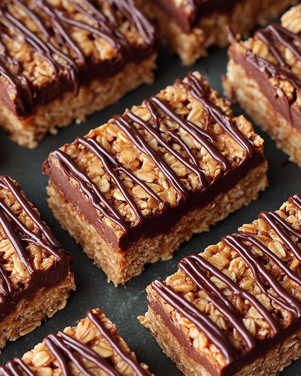 The image shows several rectangular oat bars with two distinct layers. The bottom layer is a thick, smooth dark brown layer with a chocolate-like texture. The top layer is lighter brown with visible oats, giving it a rough and crumbly look. Each bar is drizzled with thin, dark brown chocolate lines from the top, creating a shiny contrast on the rough oat surface. The bars are neatly arranged in rows on a dark surface, with a close-up view that highlights the textures of both layers. photo taken with an iphone --ar 4:5 --v 7