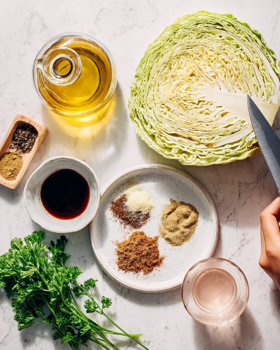 The image shows a fresh cabbage cut into half placed on a white marbled surface next to a clear glass bottle filled with golden oil. Nearby, there is a small white plate holding different dry spices in separate piles, with colors ranging from light brown to beige and some black specks. Below the spices, there's a small white bowl filled with dark soy sauce, and next to it, a glass cup containing a light pink liquid. A bunch of fresh green parsley lays nearby. A woman's hand is holding a large knife above the cabbage, ready to slice more. Photo taken with an iphone --ar 4:5 --v 7