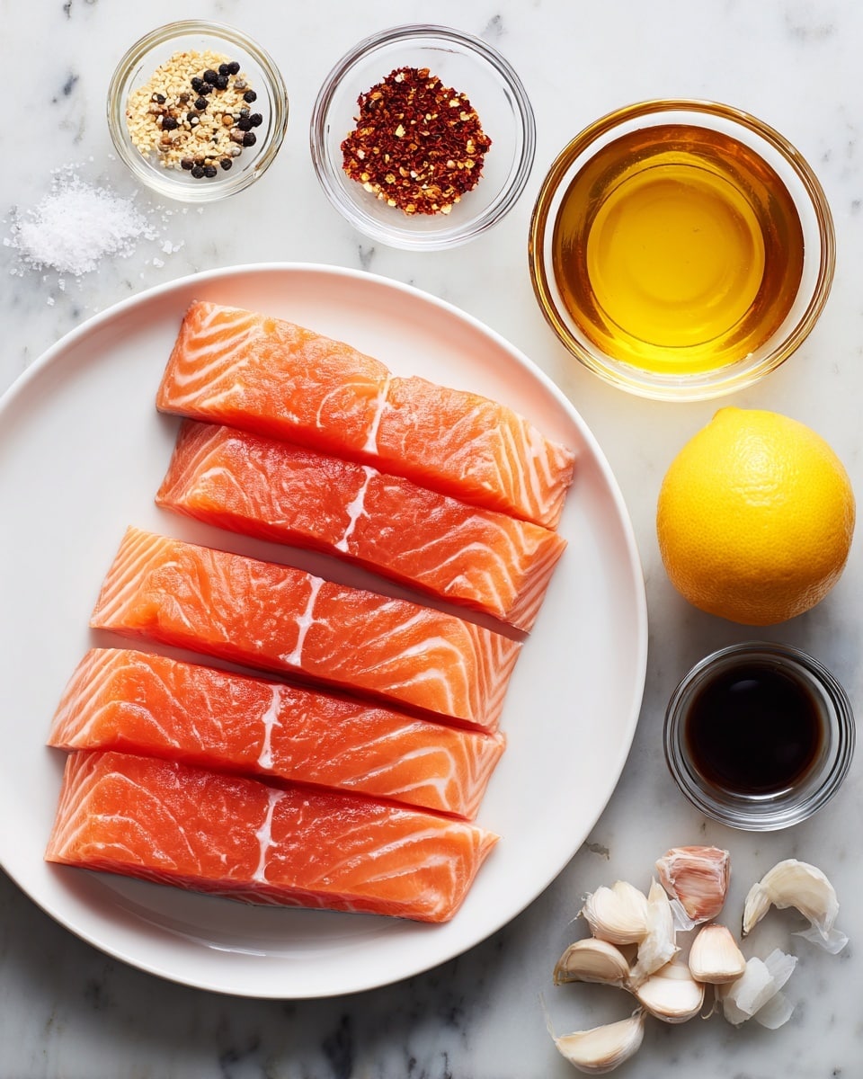 Four raw salmon filets with bright pink-orange color and white fat lines are placed side by side on a large white plate. Around the plate on a white marbled surface are small clear glass bowls containing black pepper, white salt, amber honey, red chili flakes, and two peeled garlic cloves. There is also a whole bright yellow lemon and two small measuring glass containers, one with golden oil and the other with dark soy sauce. photo taken with an iphone --ar 4:5 --v 7