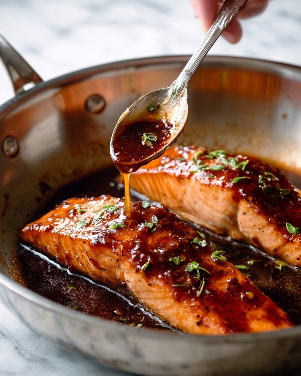 Two cooked salmon fillets with a shiny, sticky dark orange sauce on top sit in a silver pan. The sauce has small green herb pieces sprinkled over the fillets, adding color contrast. A woman's hand holds a silver spoon above the front fillet, dripping more sauce onto it. The pan's inside looks slightly used with some sauce splashes around. The background is a white marbled surface. photo taken with an iphone --ar 4:5 --v 7