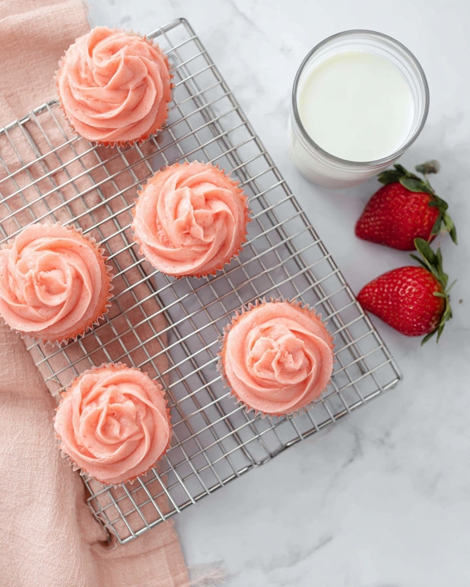 The image shows five cupcakes on a silver cooling rack placed over a white marbled surface. Each cupcake has a smooth, swirled top layer of pink frosting with a soft texture and carefully piped details that look like petals. To the right of the rack, there are two bright red strawberries with green leaves sitting on the white marbled surface. Just above the strawberries is a clear glass filled with white milk on a soft light peach cloth. The overall look is clean, fresh, and bright with the main colors being pink, red, white, and light peach photo taken with an iphone --ar 4:5 --v 7