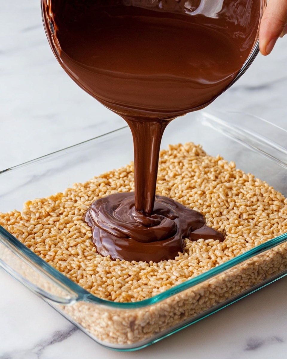 A clear glass rectangular dish filled with a single thick layer of light brown crispy rice cereal bars placed on a white marbled surface. Above the dish, a bowl holds melted dark brown chocolate that is being slowly poured in a smooth stream onto the cereal layer, forming an even, glossy pool of chocolate that begins to spread out. A woman's hand is holding the bowl from above, controlling the flow. The scene shows two layers: the bottom crispy cereal and the top rich chocolate. Photo taken with an iphone --ar 4:5 --v 7