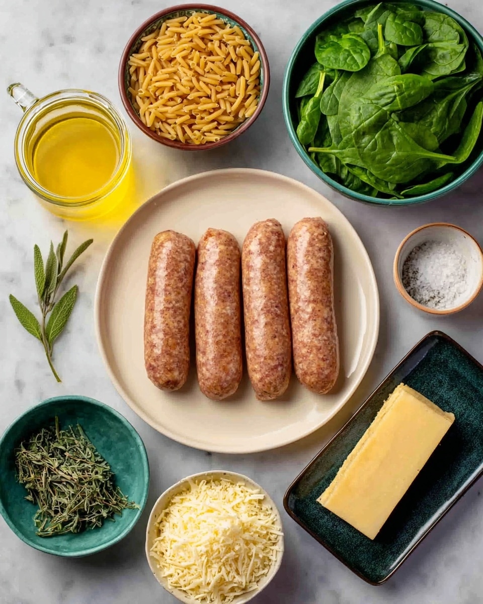 The image shows seven raw sausages placed in a circle on a white plate in the center. Around the plate, there are six bowls with different ingredients: one bowl filled with fresh green spinach leaves, one with brown dry pasta, one with shredded cheese, one with a yellow block of butter on a dark dish, one with fresh oregano sprigs, and one with a small amount of coarse salt. The background is a white marble surface, and a woman's hand is holding a small jar of yellow liquid, possibly oil or broth, from the top left. Photo taken with an iphone --ar 4:5 --v 7