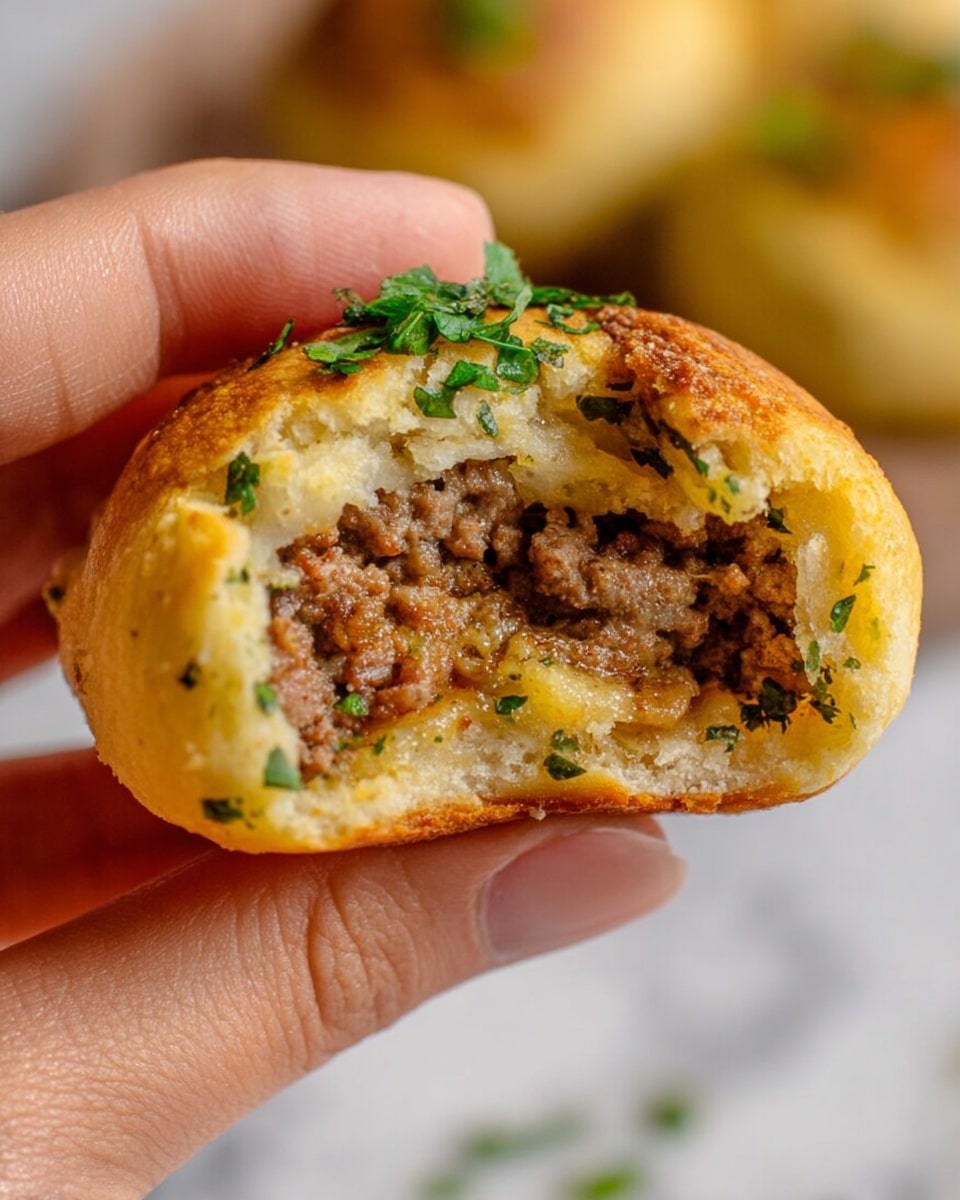 A close-up of a small round golden pastry held by a woman's hand, showing a bite revealing its inside layers. The outer layer is a soft, slightly crispy dough with green herb pieces on the surface. Inside, there is a textured layer of cooked ground meat mixed with melted cheese, appearing juicy and rich. Some finely chopped fresh green herbs are seen on top of the pastry near where the woman's fingers hold it. The background is softly blurred with a white marbled surface visible below. Photo taken with an iphone --ar 4:5 --v 7