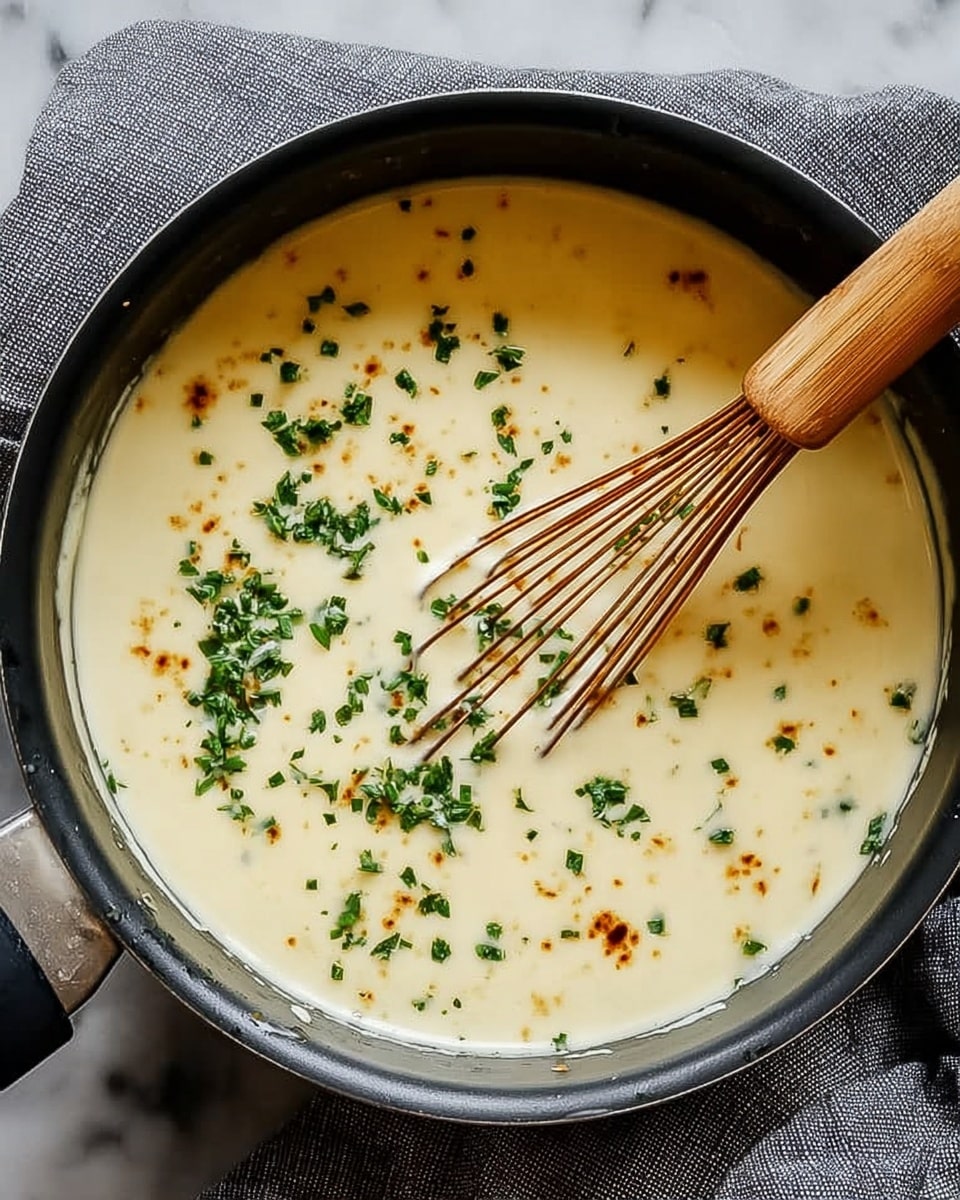 The image shows a black saucepan filled with a creamy, light yellow sauce that has a smooth and thick texture. On the surface, there are small brown spots indicating it has been lightly browned. Fresh chopped green herbs are sprinkled on top, adding a pop of color. A wooden whisk is resting inside the pan, with its thin, curved wires partially submerged in the sauce. The pan sits on a white marbled surface with a gray cloth underneath it. photo taken with an iphone --ar 4:5 --v 7