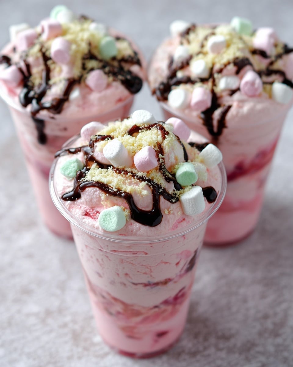 Three clear plastic cups filled with a layered pink dessert. The bottom and middle layers are smooth light pink with a creamy texture. The top layer has small, colorful marshmallows in white, pink, and green scattered around. There is a sprinkle of light yellow crushed topping over the marshmallows. Dark brown chocolate syrup is drizzled on top in thin wavy lines. The cups sit on a white marbled surface. photo taken with an iphone --ar 4:5 --v 7