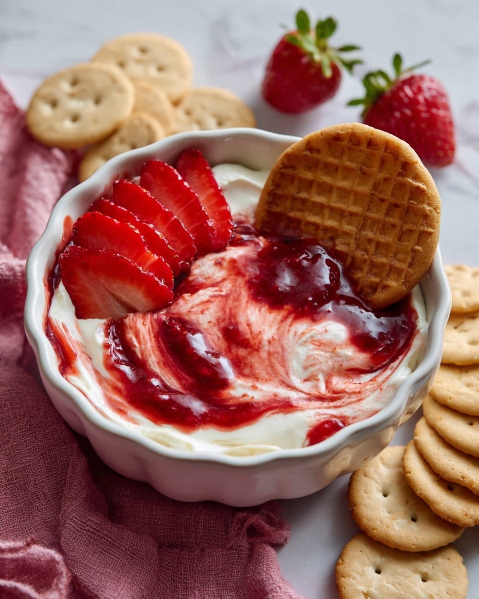 A white scalloped bowl is filled with a creamy white layer of smooth cheese or yogurt. On top, there is a thick red swirl of strawberry sauce mixed into the creamy base, creating a marbled effect. A neatly sliced strawberry fan sits on the left side of the bowl. A round waffle cookie is partially dipped into the mix on the right. Around the bowl on a white marbled surface are several light tan round cookies stacked on the left and rectangular graham crackers arranged on the right. A soft pink cloth is placed on the bottom left side near the bowl. photo taken with an iphone --ar 4:5 --v 7