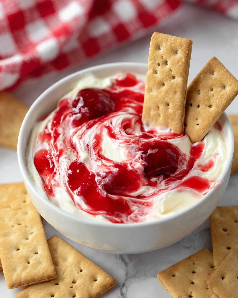 The image shows a white bowl filled with creamy white cheesecake dip mixed with bright red cherry sauce swirled on top, creating a marbled effect of red and white. Two rectangular graham crackers, light brown with small holes, are partially dipped into the dip, standing upright. Several more graham crackers lie flat around the bowl on a white marbled surface. A red and white checkered cloth is placed in the background. photo taken with an iphone --ar 4:5 --v 7