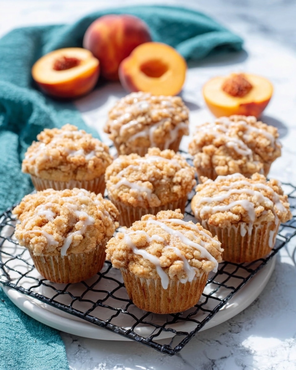 A white plate holds eight muffins arranged in two rows on a black wire rack, each muffin topped with a crumbly golden brown streusel and white icing drizzled over the top. In the background, two fresh whole peaches and one peach cut in half showing orange flesh sit on a white marbled surface. The muffins look soft and moist with crumbly, slightly rough textures on top and smooth, light brown bodies. A turquoise cloth is partially visible in the lower left corner. The lighting is bright and natural, highlighting the warm colors and textures of the muffins and peaches. photo taken with an iphone --ar 4:5 --v 7