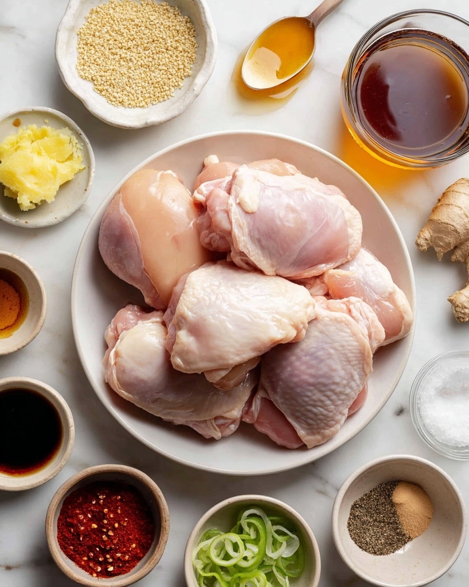A white bowl holds a pile of raw, pale pink chicken thighs with smooth, moist skin, stacked loosely with some pieces overlapping. The bowl is placed on a white marbled surface. Around it, small white and brown bowls hold various ingredients: grainy minced ginger with a small piece of fresh ginger beside it, bright yellow grated ginger, a spoon dripping with amber honey, red chili paste, white powdery salt, sesame seeds, a dark soy sauce in a clear glass, dark brown ground spice, minced garlic, thinly sliced green chili, and a light brown liquid sauce. The composition is neat and well-lit, capturing the freshness and textures of each item. photo taken with an iphone --ar 4:5 --v 7