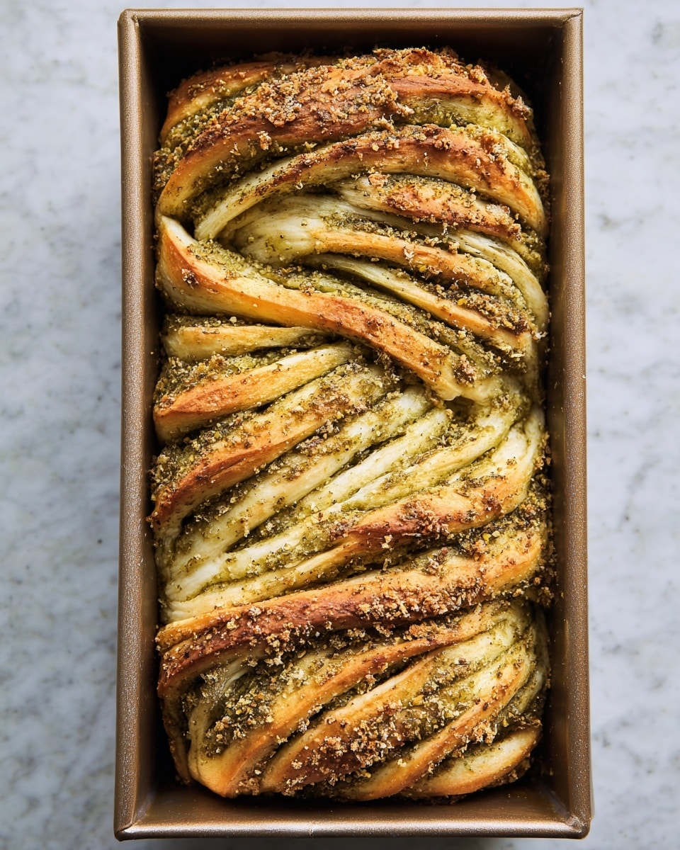 The image shows a close-up of a sliced bread loaf filled with green herbs and cheese swirled inside. The bread has a golden brown crust with a shiny, slightly glossy surface, sprinkled with small green herb pieces on top. Each slice reveals soft, fluffy bread with layers of white melted cheese and bright green herbs spread evenly through the dough. The loaf is placed on a light wooden board with a white bowl of green herbs blurred in the background, all resting on a white marbled surface. photo taken with an iphone --ar 4:5 --v 7
